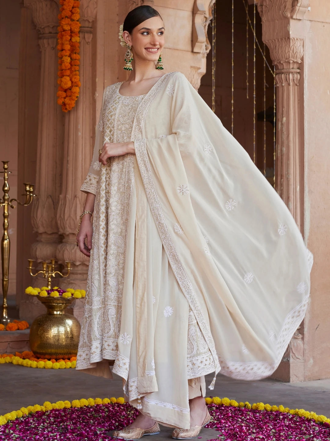 Ada Hand Embroidered Fawn Pure Georgette Lucknowi Chikankari Semi-Stitched Anarkali Kurta Dupatta Set With Sequnis Work 01A552849