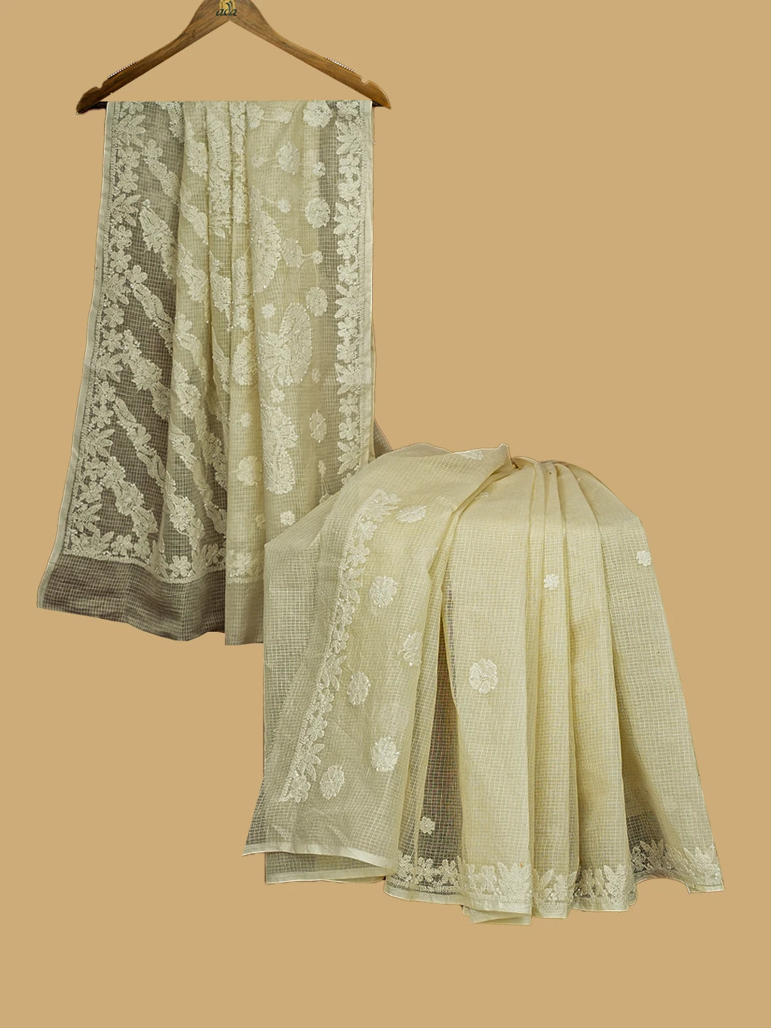Ada Hand Embroidered Cream Kota Lucknowi Chikankari Saree and Blouse 01A718171