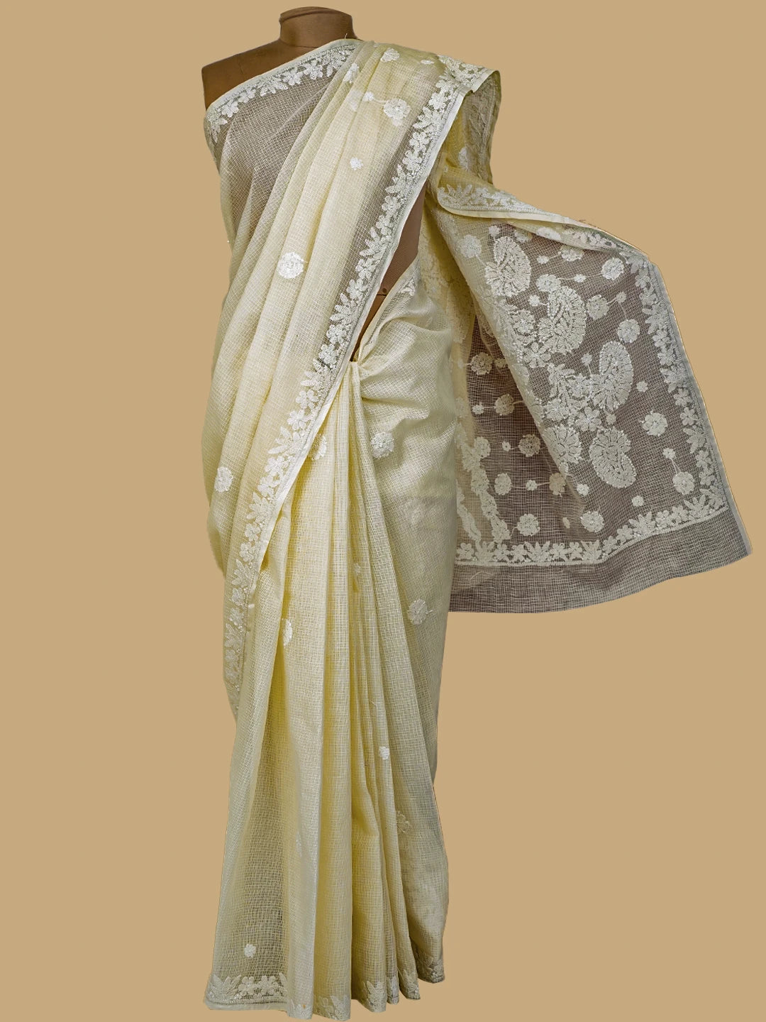 Ada Hand Embroidered Cream Kota Lucknowi Chikankari Saree and Blouse 01A718171