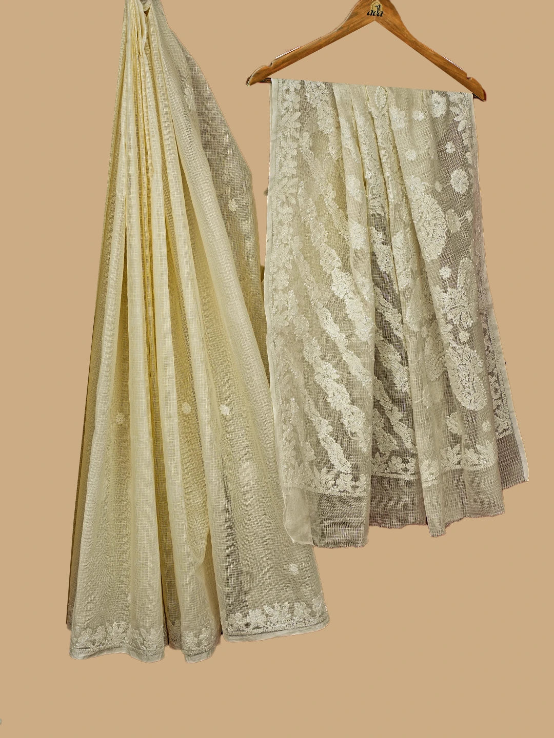 Ada Hand Embroidered Cream Kota Lucknowi Chikankari Saree and Blouse 01A718171