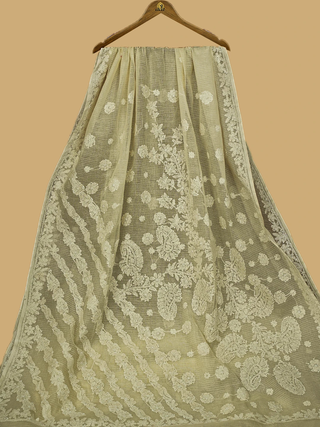 Ada Hand Embroidered Cream Kota Lucknowi Chikankari Saree and Blouse 01A718171