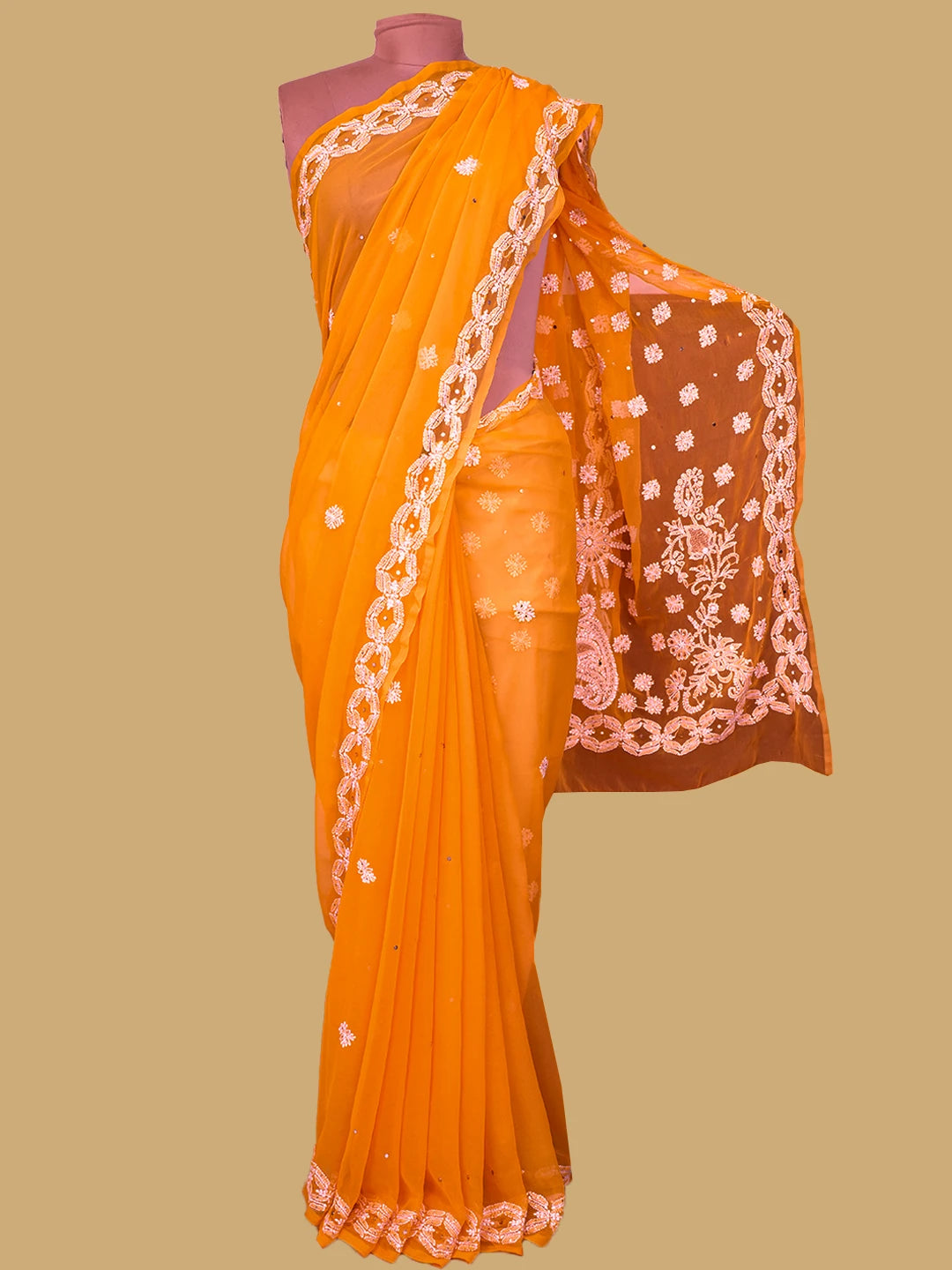 Ada Hand Embroidered Dark Orange Georgette Lucknowi Chikankari Saree and Blouse With Muqaish Work 01A635360