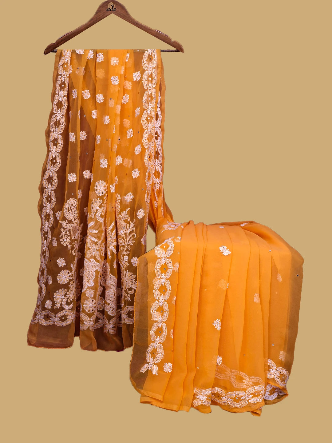 Ada Hand Embroidered Dark Orange Georgette Lucknowi Chikankari Saree and Blouse With Muqaish Work 01A635360