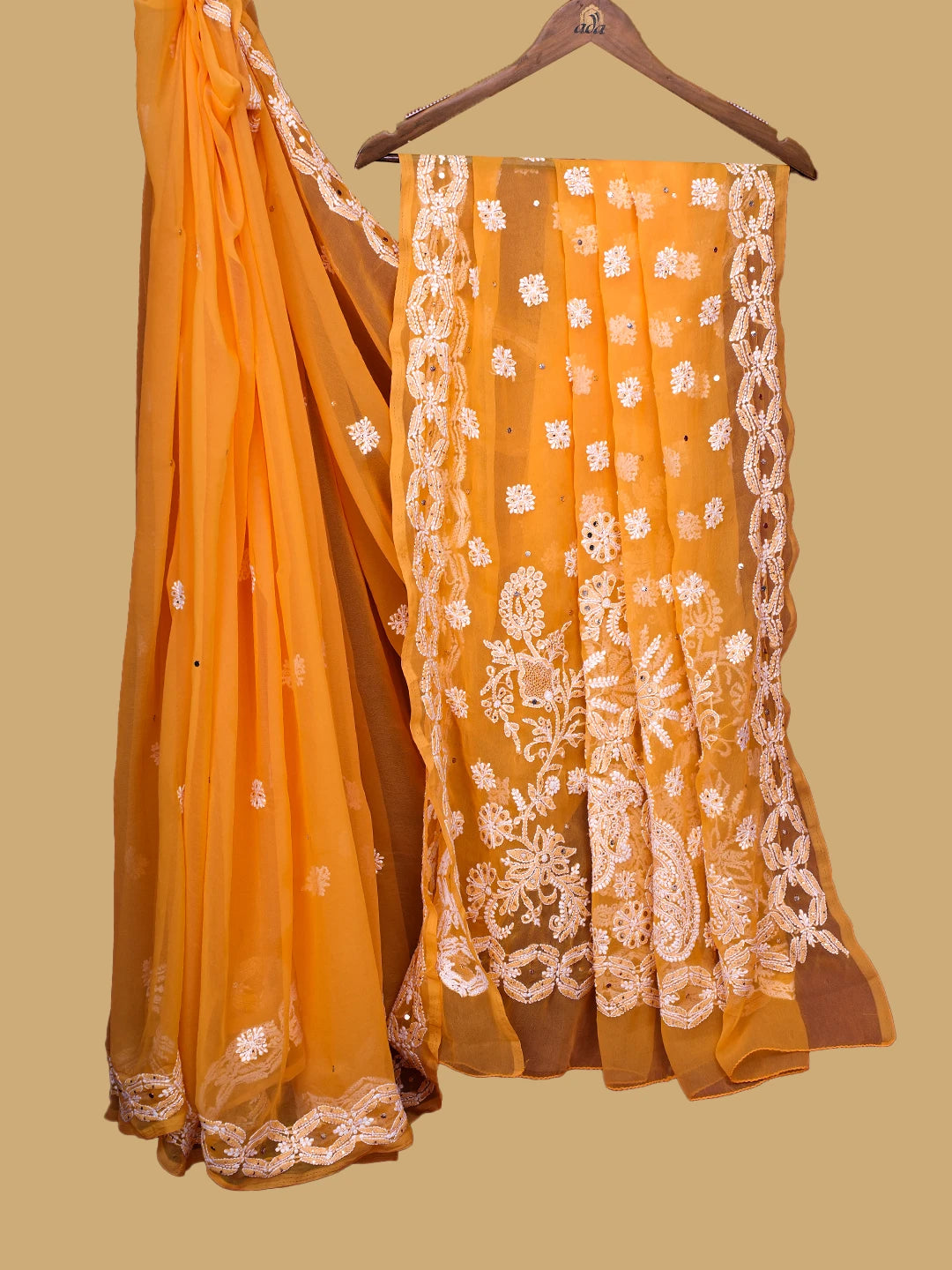 Ada Hand Embroidered Dark Orange Georgette Lucknowi Chikankari Saree and Blouse With Muqaish Work 01A635360