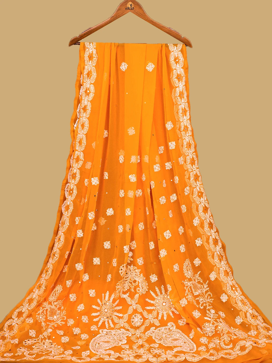 Ada Hand Embroidered Dark Orange Georgette Lucknowi Chikankari Saree and Blouse With Muqaish Work 01A635360
