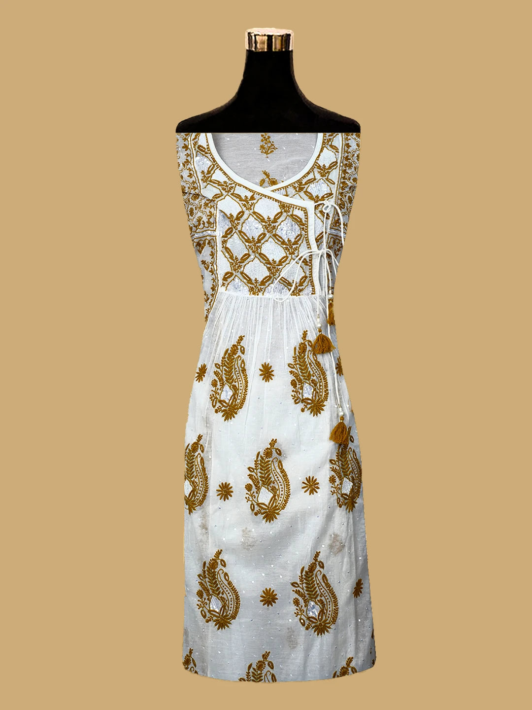 Ada Hand Embroidered White Chanderi Lucknowi Chikankari Semi-stitched Kurta Dupatta Set With Cutdana Work 01A709681
