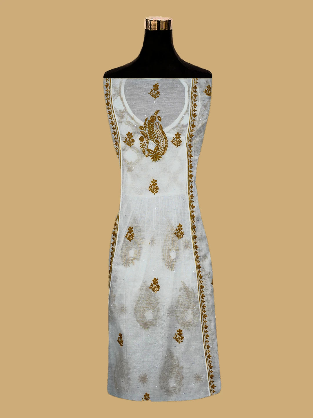 Ada Hand Embroidered White Chanderi Lucknowi Chikankari Semi-stitched Kurta Dupatta Set With Cutdana Work 01A709681
