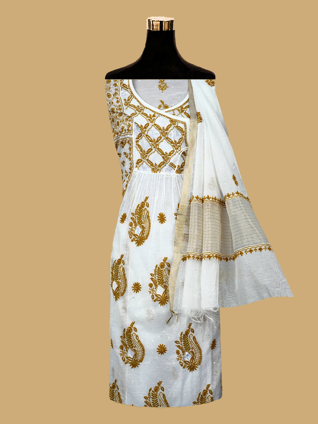 Ada Hand Embroidered White Chanderi Lucknowi Chikankari Semi-stitched Kurta Dupatta Set With Cutdana Work 01A709681