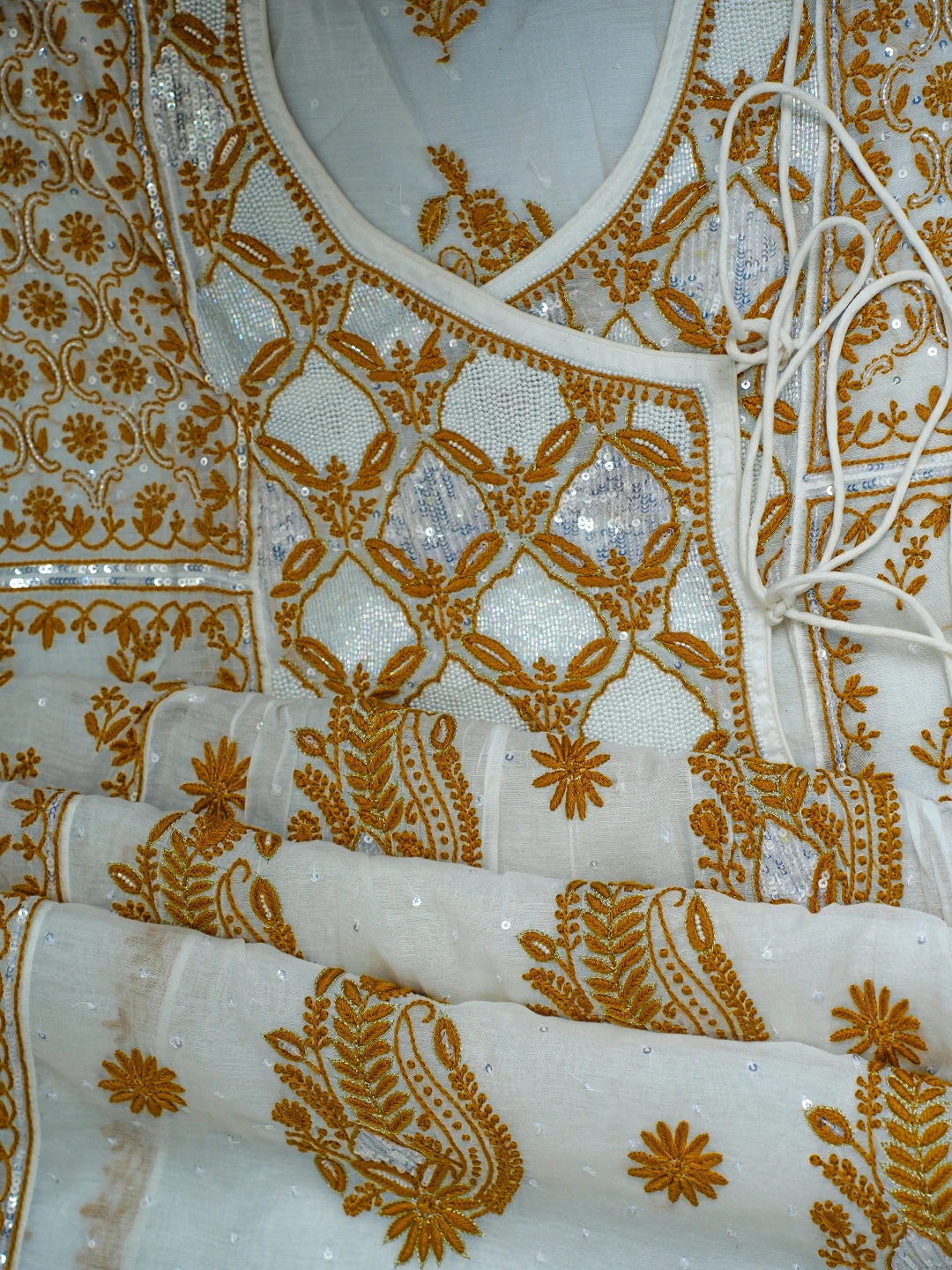 Ada Hand Embroidered White Chanderi Lucknowi Chikankari Semi-stitched Kurta Dupatta Set With Cutdana Work 01A709681