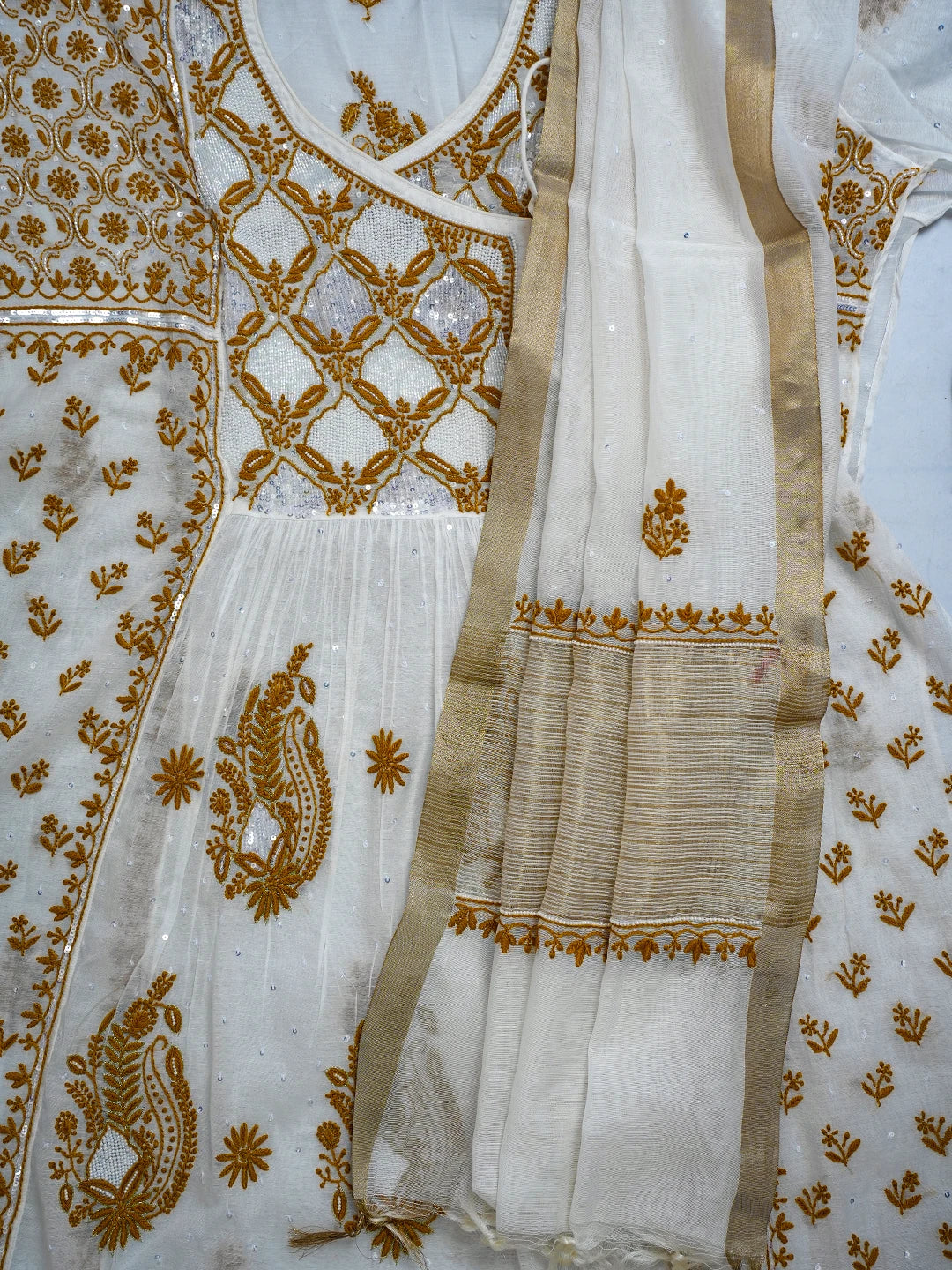 Ada Hand Embroidered White Chanderi Lucknowi Chikankari Semi-stitched Kurta Dupatta Set With Cutdana Work 01A709681
