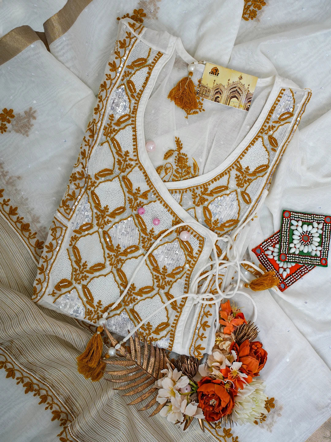 Ada Hand Embroidered White Chanderi Lucknowi Chikankari Semi-stitched Kurta Dupatta Set With Cutdana Work 01A709681