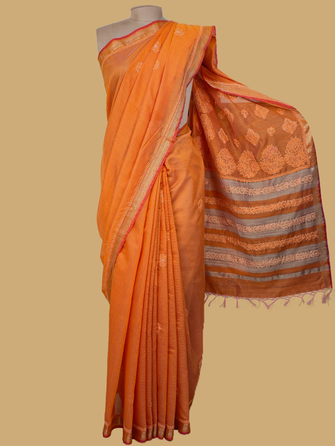 Ada Hand Embroidered Squash Orange Chanderi Lucknowi Chikankari Saree and Blouse 01A737983