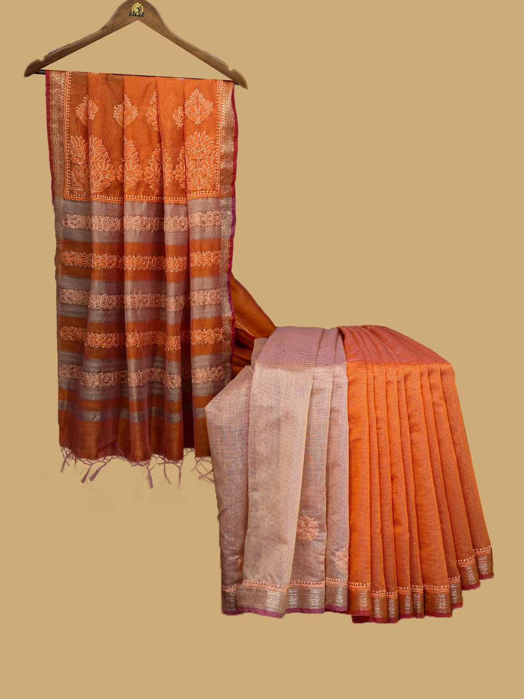 Ada Hand Embroidered Squash Orange Chanderi Lucknowi Chikankari Saree and Blouse 01A737983