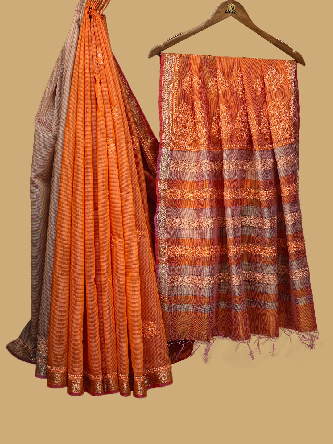 Ada Hand Embroidered Squash Orange Chanderi Lucknowi Chikankari Saree and Blouse 01A737983