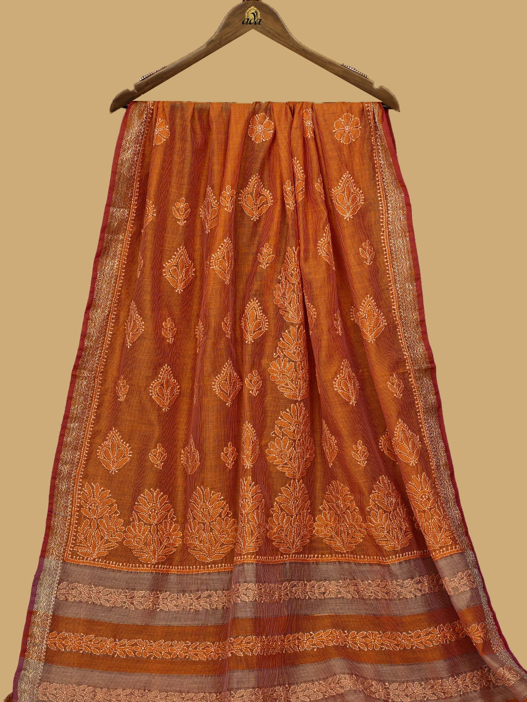 Ada Hand Embroidered Squash Orange Chanderi Lucknowi Chikankari Saree and Blouse 01A737983
