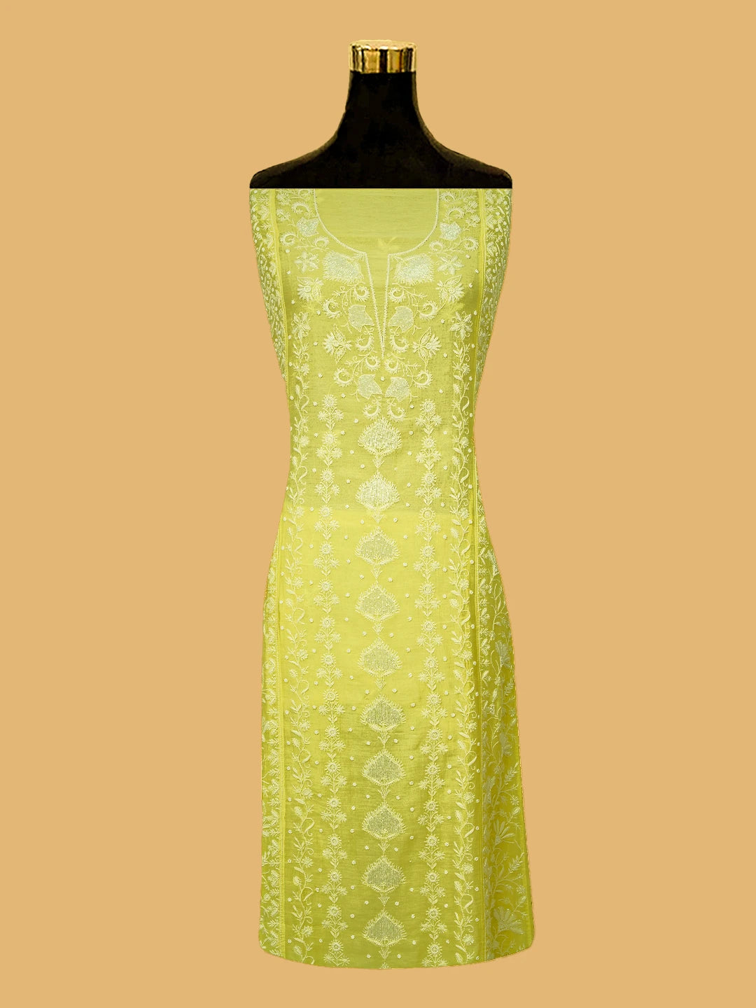 Ada Hand Embroidered Lemon Chanderi Lucknowi Chikankari Semi-Stitched Kurta Dupatta Set With Cutdana Work 01A641020
