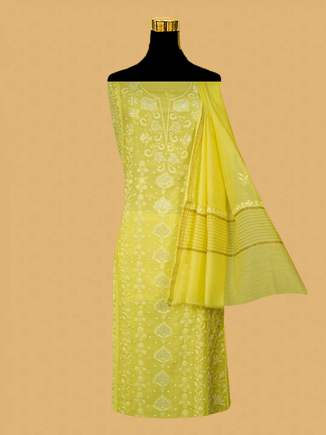 Ada Hand Embroidered Lemon Chanderi Lucknowi Chikankari Semi-Stitched Kurta Dupatta Set With Cutdana Work 01A641020