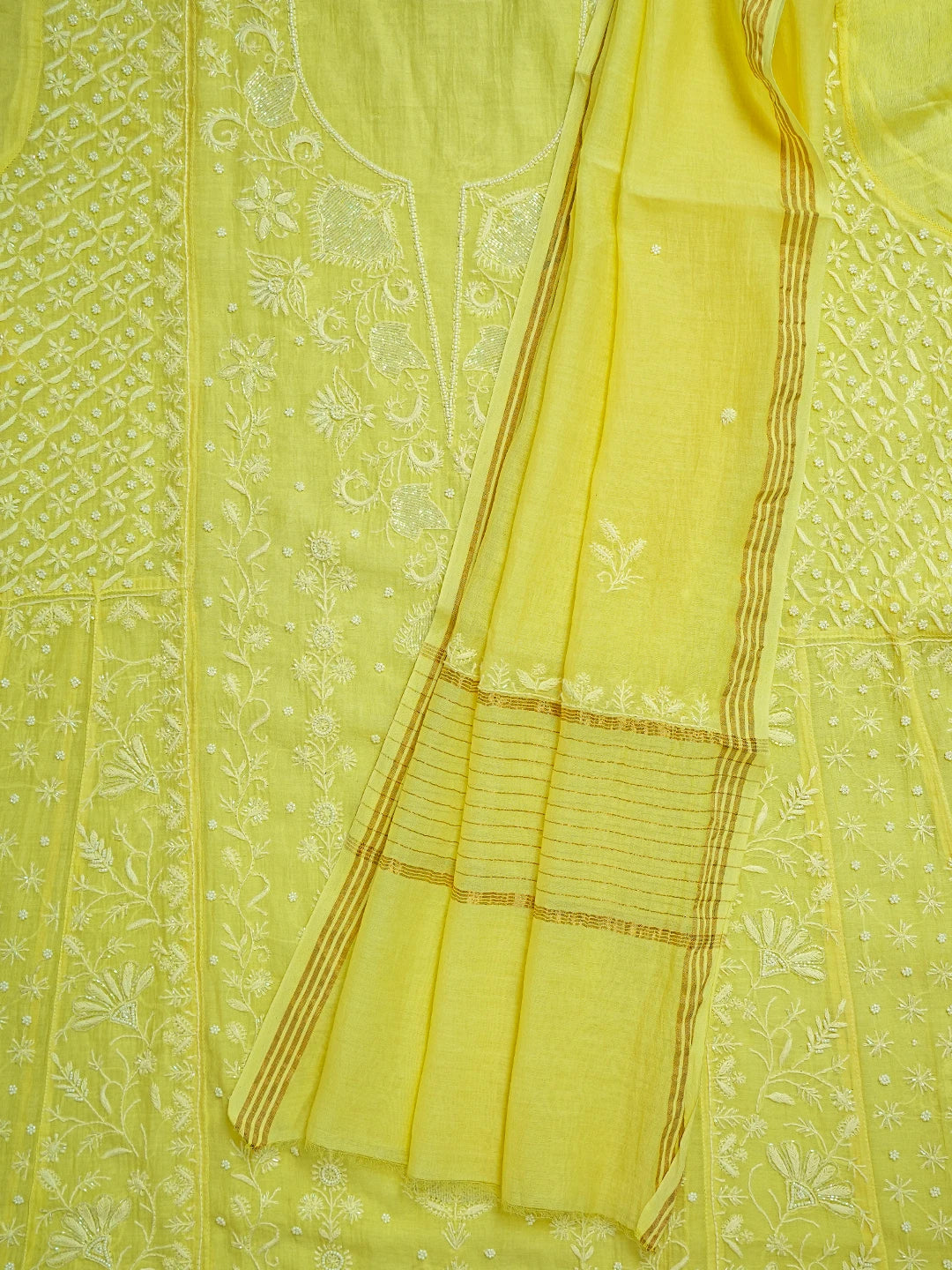 Ada Hand Embroidered Lemon Chanderi Lucknowi Chikankari Semi-Stitched Kurta Dupatta Set With Cutdana Work 01A641020