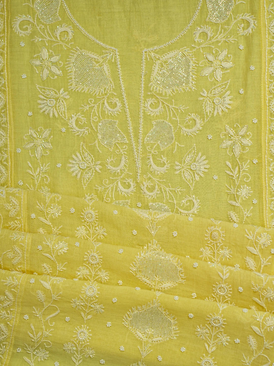 Ada Hand Embroidered Lemon Chanderi Lucknowi Chikankari Semi-Stitched Kurta Dupatta Set With Cutdana Work 01A641020
