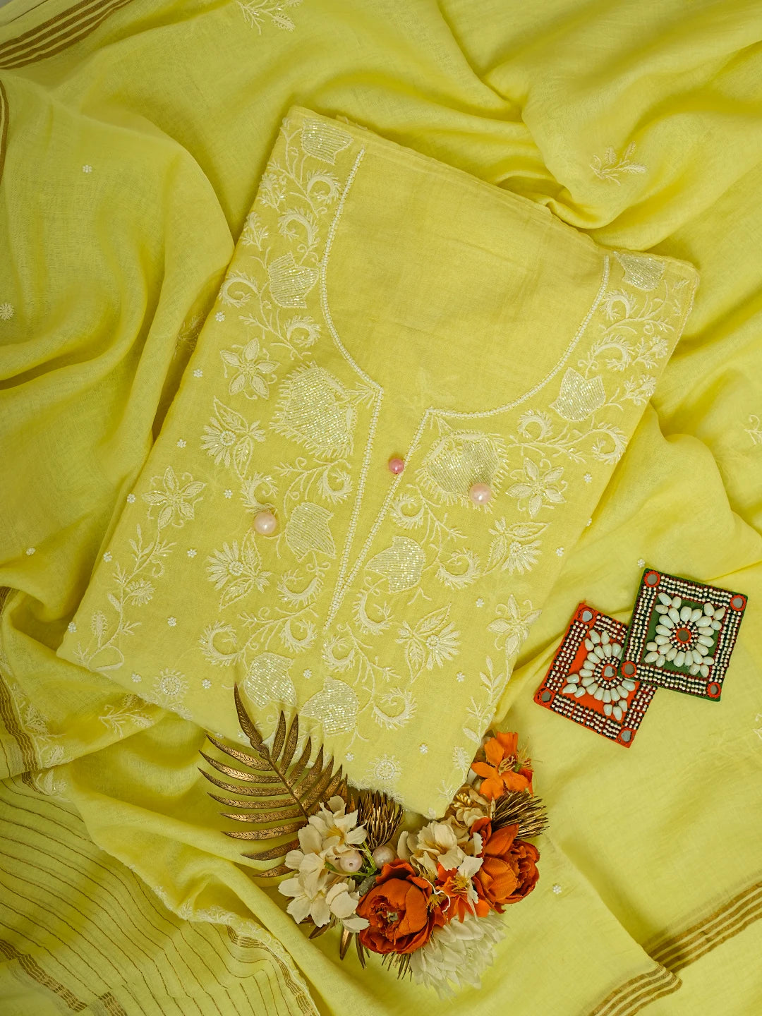 Ada Hand Embroidered Lemon Chanderi Lucknowi Chikankari Semi-Stitched Kurta Dupatta Set With Cutdana Work 01A641020