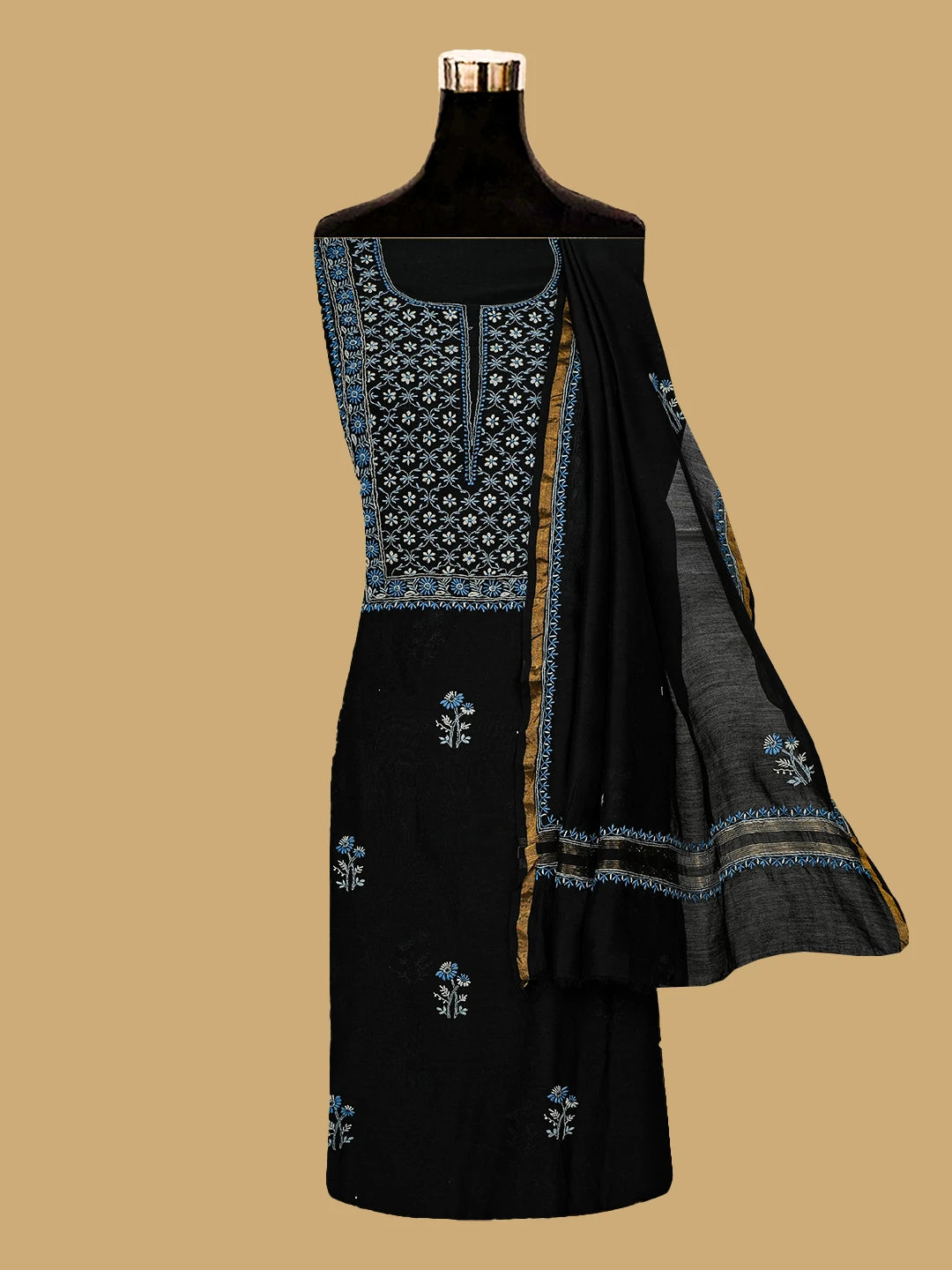 Ada Hand Embroidered Black Chanderi Lucknowi Chikankari Unstitched Kurta Dupatta Set 01A321721