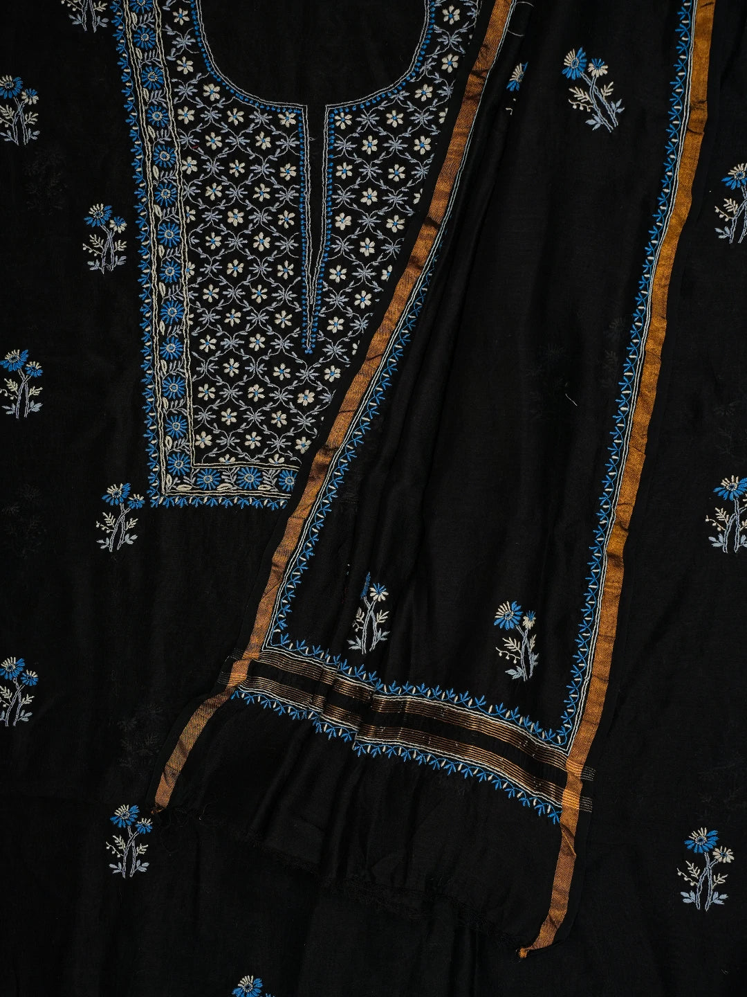 Ada Hand Embroidered Black Chanderi Lucknowi Chikankari Unstitched Kurta Dupatta Set 01A321721