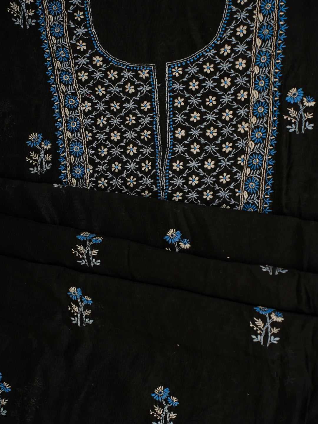 Ada Hand Embroidered Black Chanderi Lucknowi Chikankari Unstitched Kurta Dupatta Set 01A321721