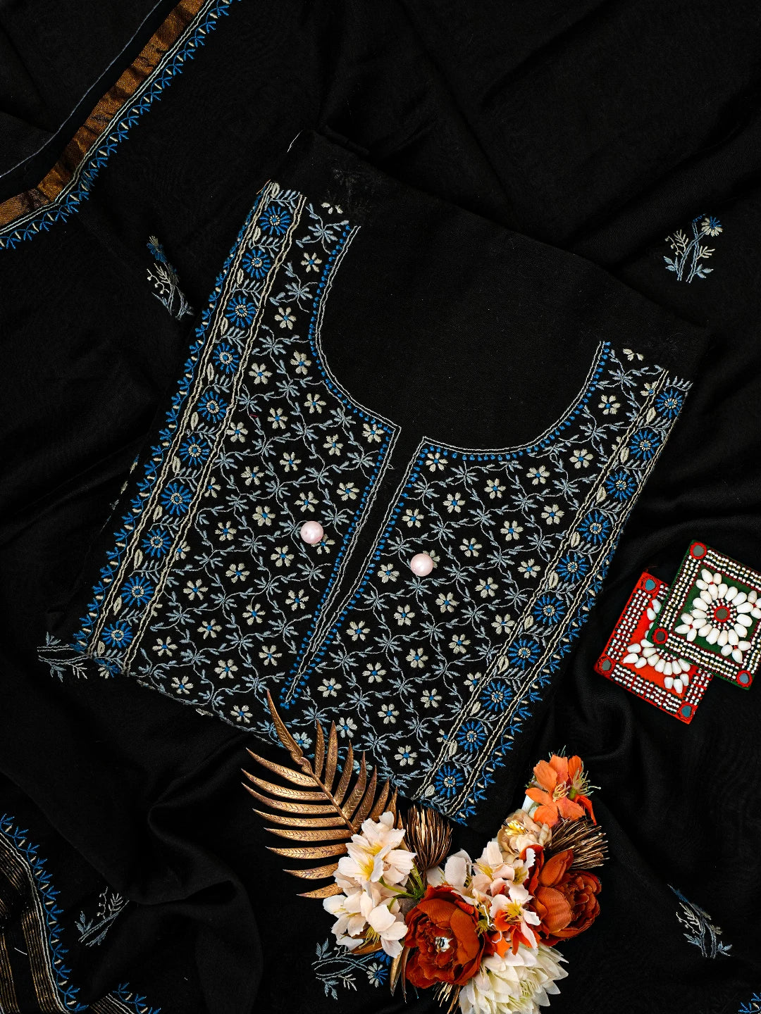 Ada Hand Embroidered Black Chanderi Lucknowi Chikankari Unstitched Kurta Dupatta Set 01A321721