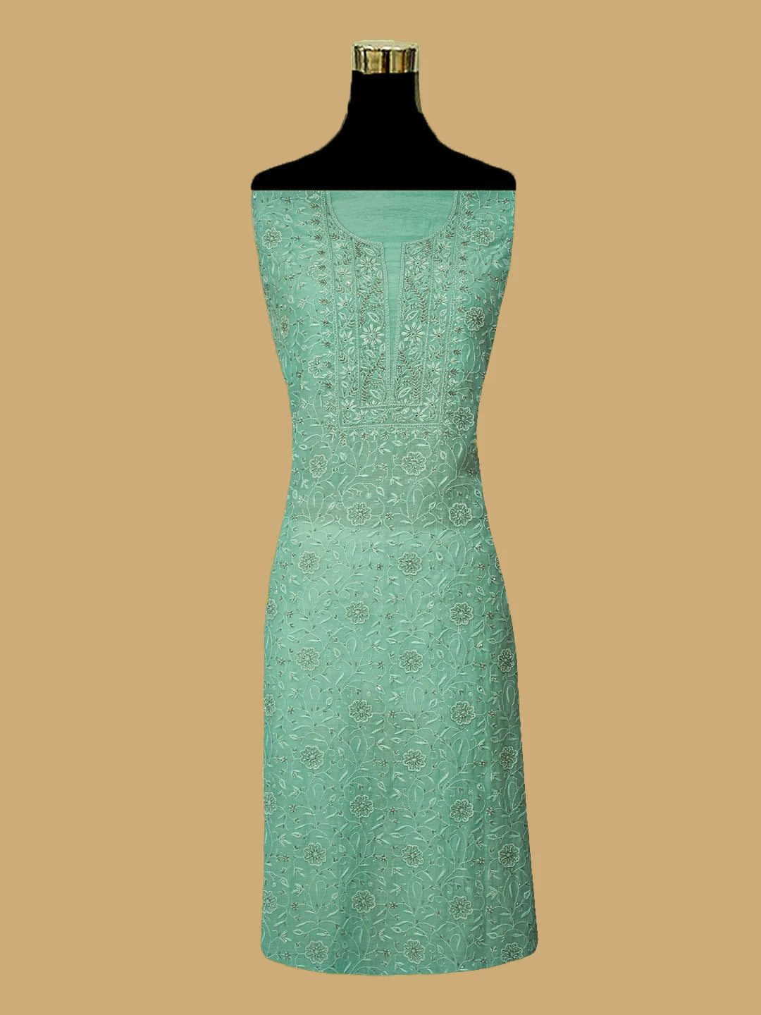 Ada Hand Embroidered Sea Green Chanderi Lucknowi Chikankari Unstitched Kurta Dupatta Set With Cutdana Work 01A685727