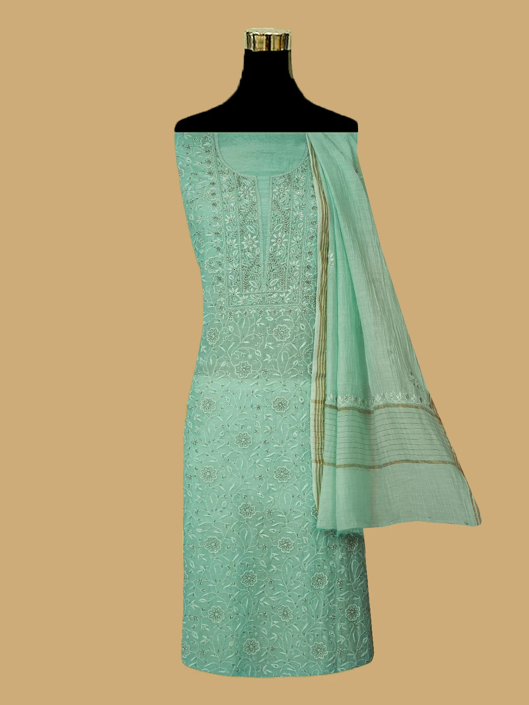 Ada Hand Embroidered Sea Green Chanderi Lucknowi Chikankari Unstitched Kurta Dupatta Set With Cutdana Work 01A685727
