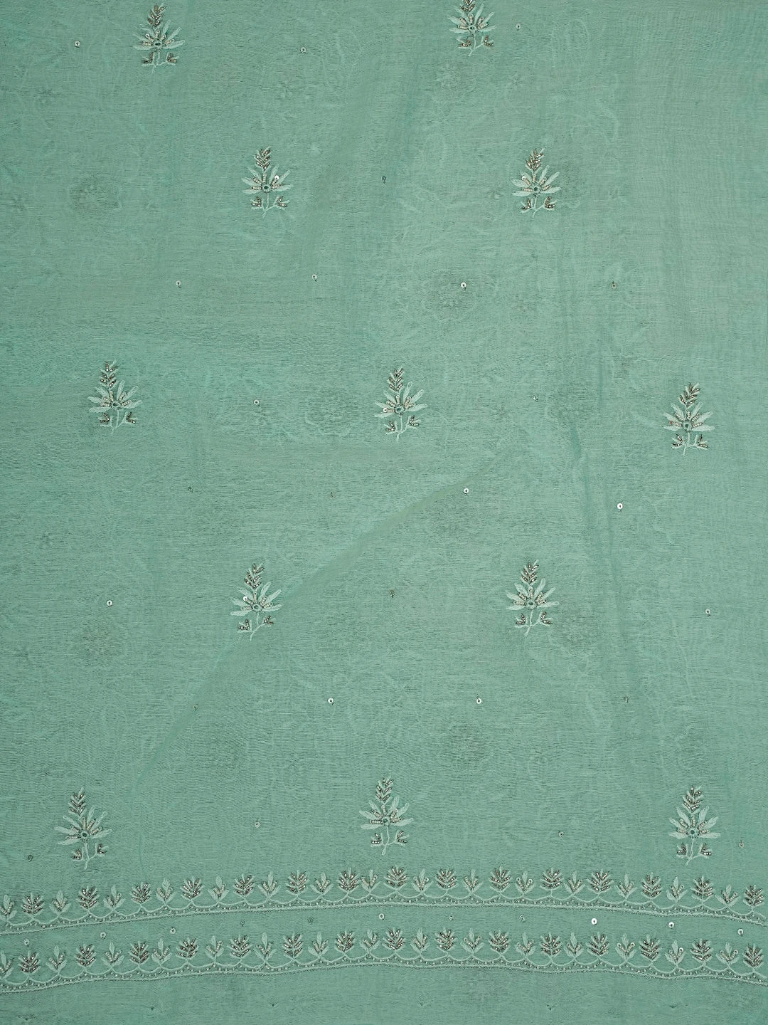 Ada Hand Embroidered Sea Green Chanderi Lucknowi Chikankari Unstitched Kurta Dupatta Set With Cutdana Work 01A685727