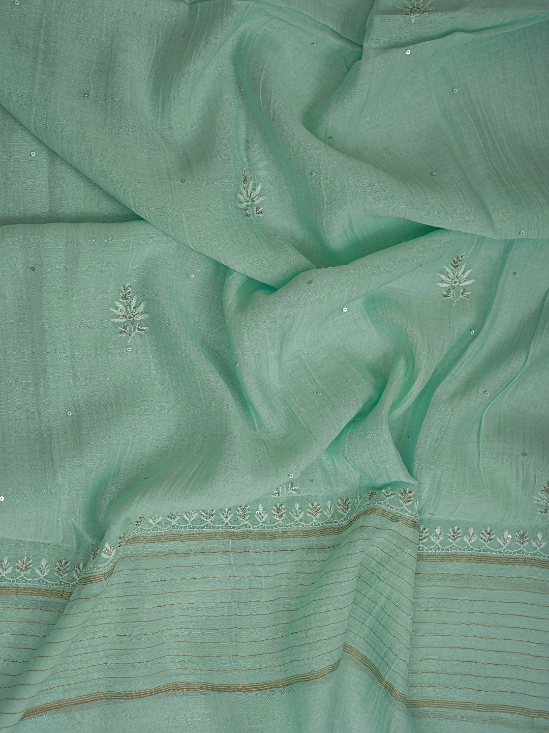 Ada Hand Embroidered Sea Green Chanderi Lucknowi Chikankari Unstitched Kurta Dupatta Set With Cutdana Work 01A685727