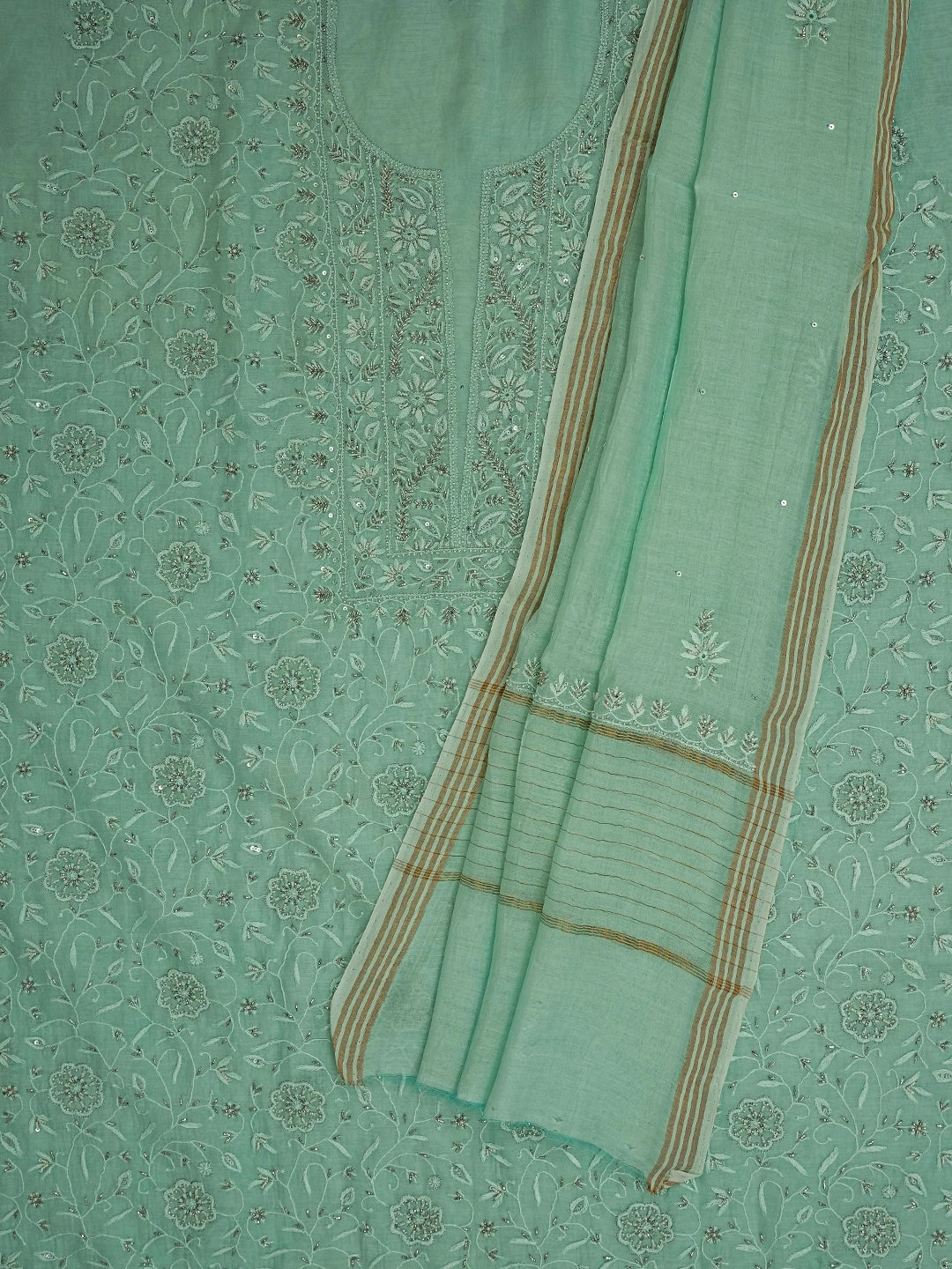 Ada Hand Embroidered Sea Green Chanderi Lucknowi Chikankari Unstitched Kurta Dupatta Set With Cutdana Work 01A685727
