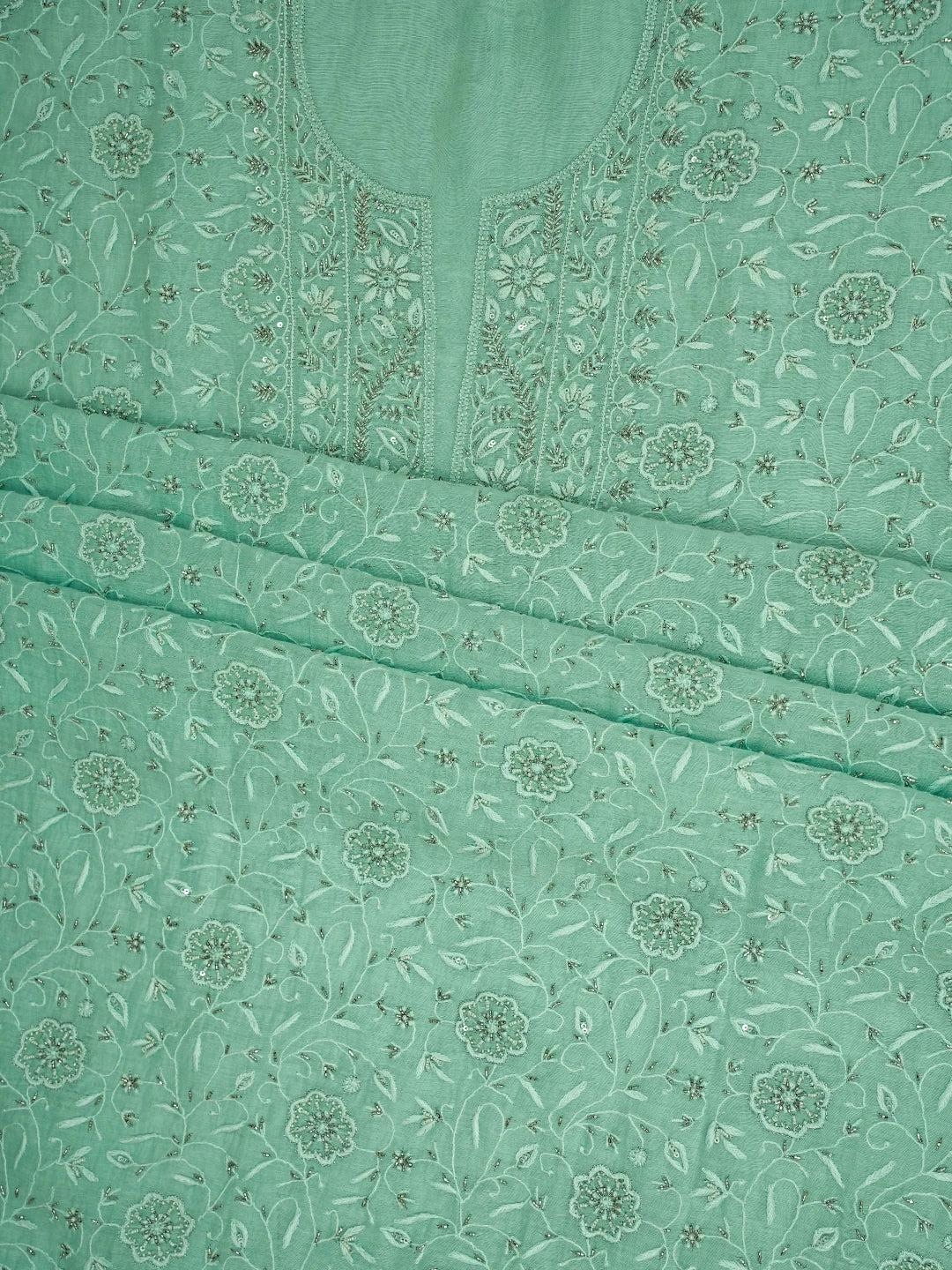 Ada Hand Embroidered Sea Green Chanderi Lucknowi Chikankari Unstitched Kurta Dupatta Set With Cutdana Work 01A685727