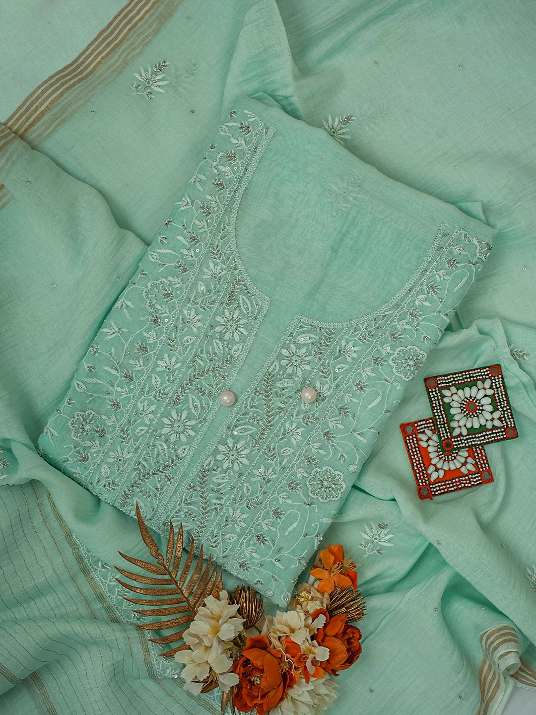 Ada Hand Embroidered Sea Green Chanderi Lucknowi Chikankari Unstitched Kurta Dupatta Set With Cutdana Work 01A685727