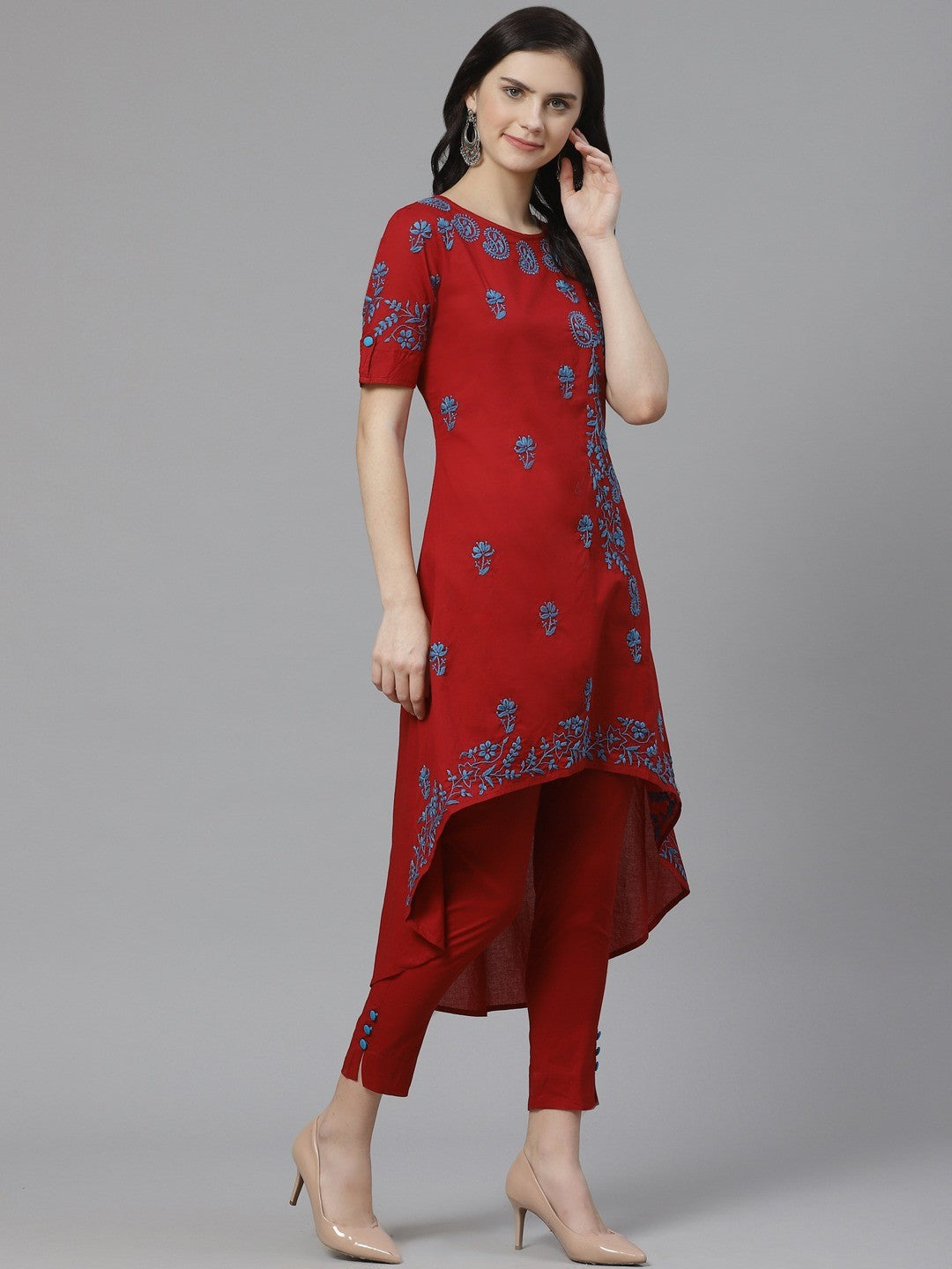 Ada Hand Embroidered Maroon Cotton Lucknowi Chikankari Kurta with Trouser Set A100326