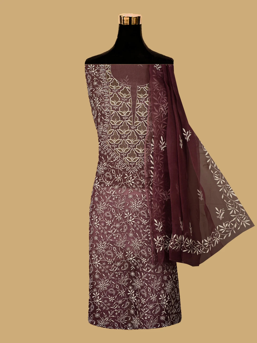 Ada Hand Embroidered Mauve Organza Lucknowi Chikankari Unstitched Kurta Dupatta Set With Zari Work 01A741652
