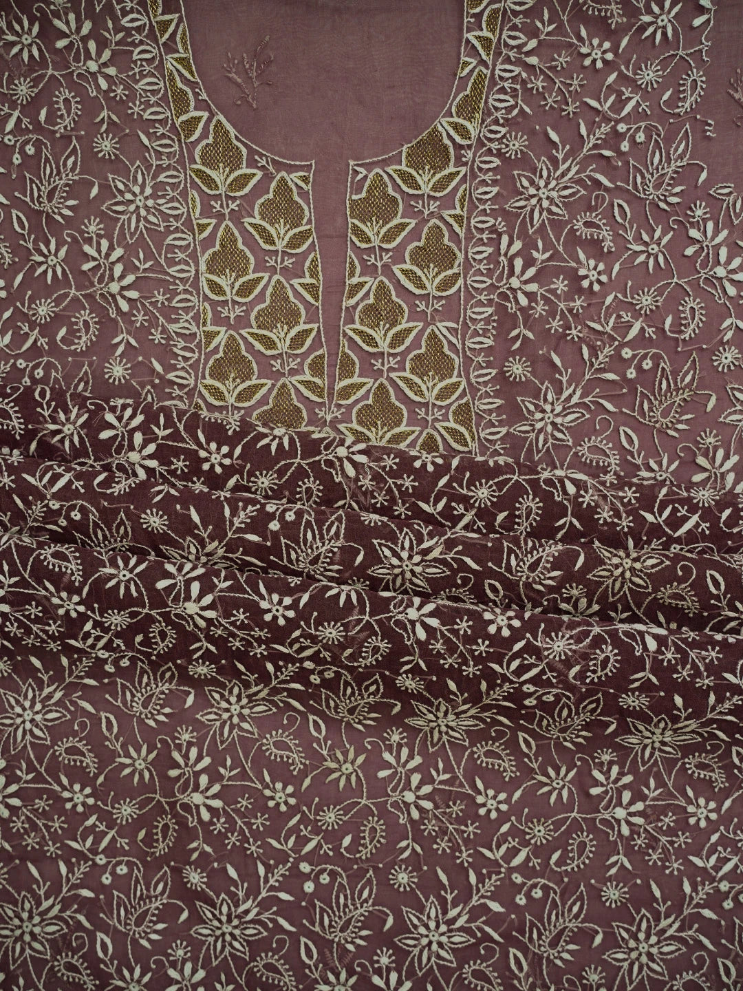 Ada Hand Embroidered Mauve Organza Lucknowi Chikankari Unstitched Kurta Dupatta Set With Zari Work 01A741652