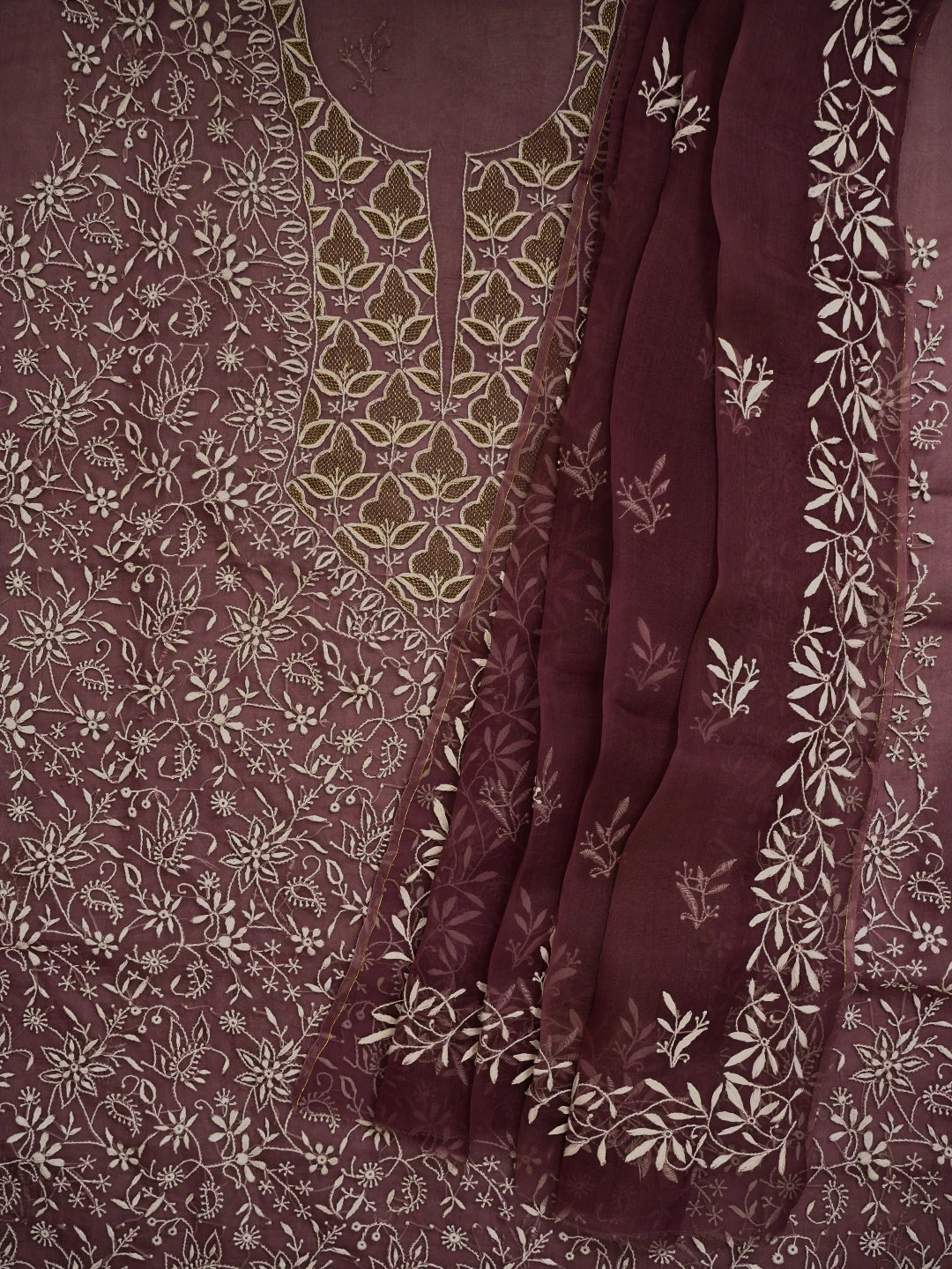 Ada Hand Embroidered Mauve Organza Lucknowi Chikankari Unstitched Kurta Dupatta Set With Zari Work 01A741652