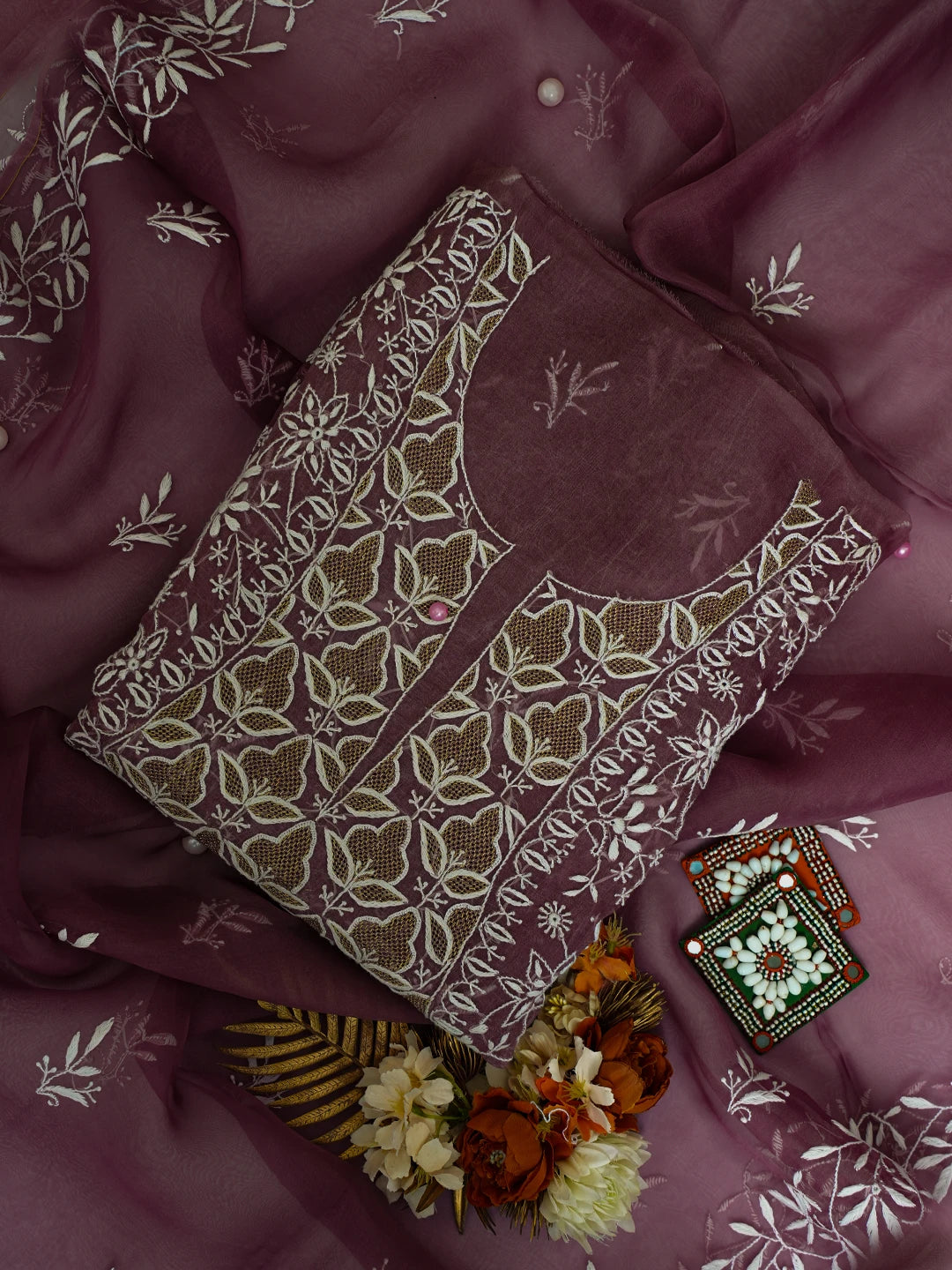 Ada Hand Embroidered Mauve Organza Lucknowi Chikankari Unstitched Kurta Dupatta Set With Zari Work 01A741652