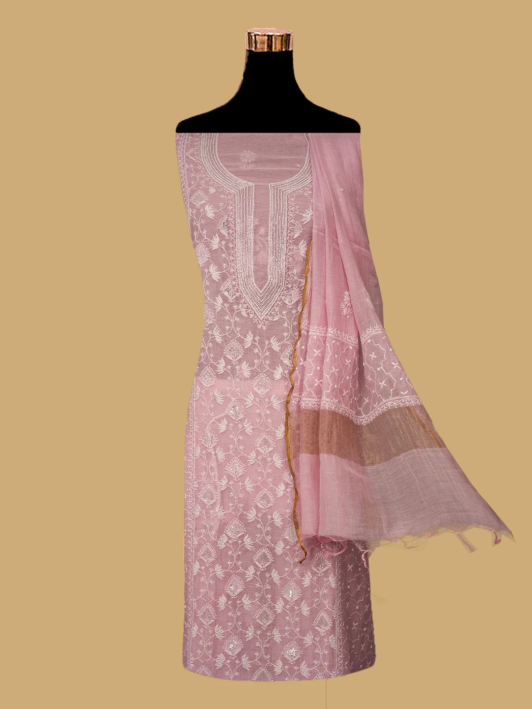 Ada Hand Embroidered Pink Chanderi Lucknowi Chikankari Semi-Stitched Kurta Dupatta Set With Pearl Work 01A744547