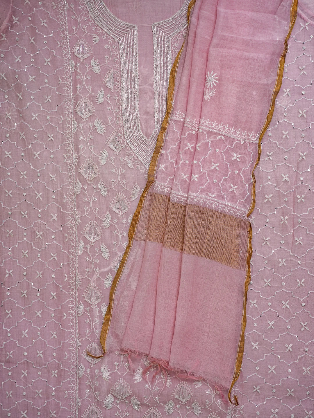 Ada Hand Embroidered Pink Chanderi Lucknowi Chikankari Semi-Stitched Kurta Dupatta Set With Pearl Work 01A744547