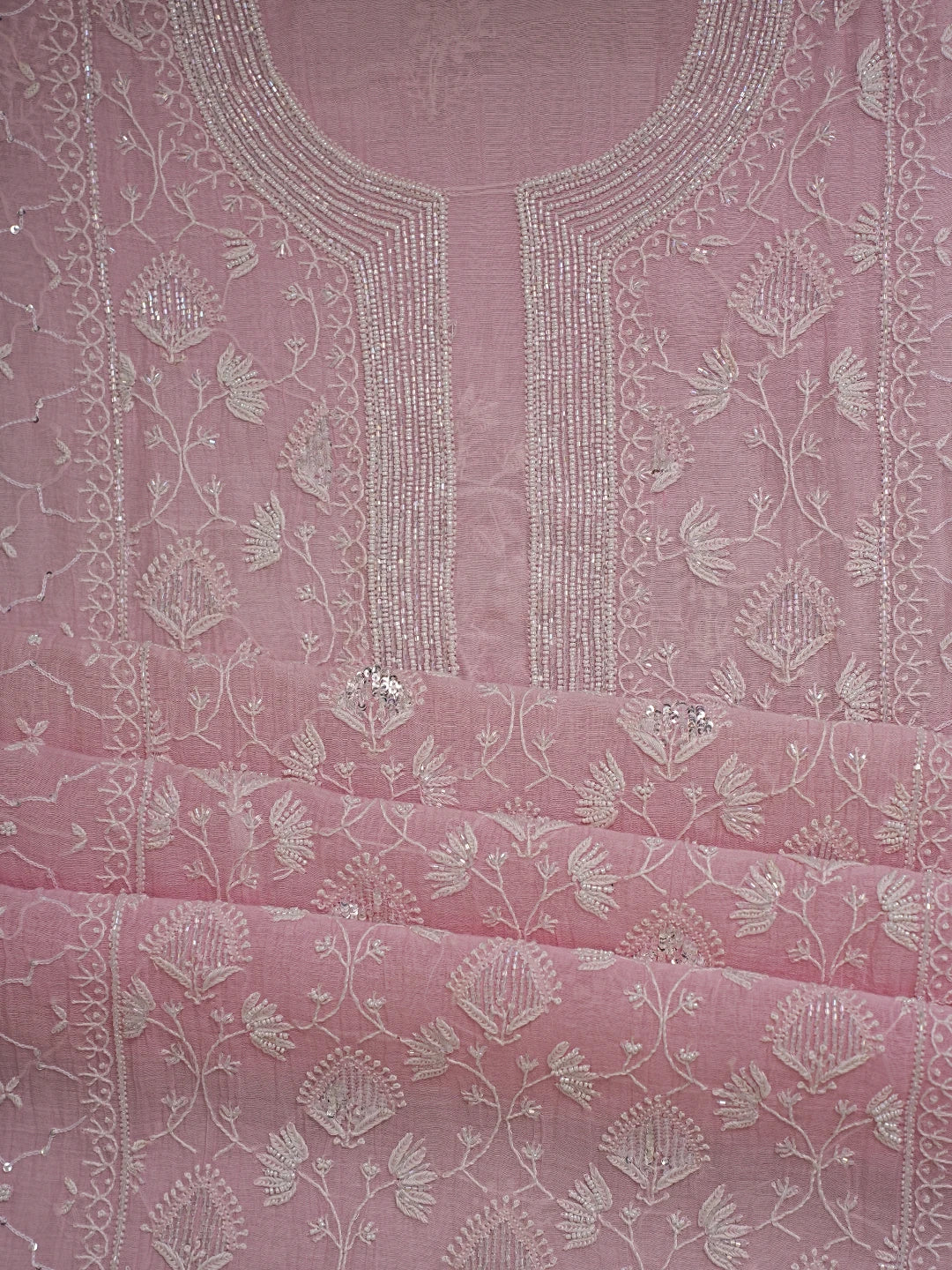 Ada Hand Embroidered Pink Chanderi Lucknowi Chikankari Semi-Stitched Kurta Dupatta Set With Pearl Work 01A744547