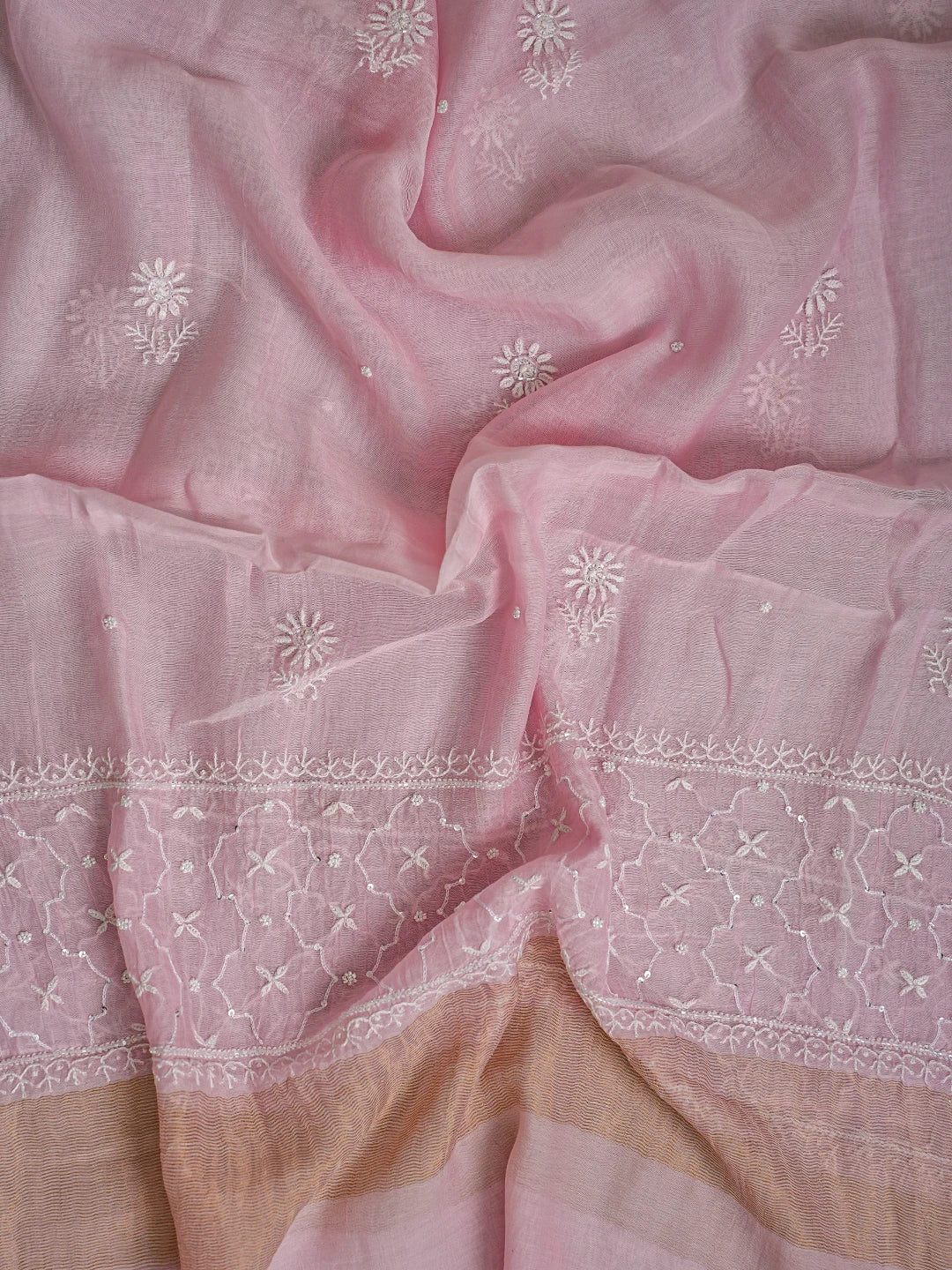 Ada Hand Embroidered Pink Chanderi Lucknowi Chikankari Semi-Stitched Kurta Dupatta Set With Pearl Work 01A744547