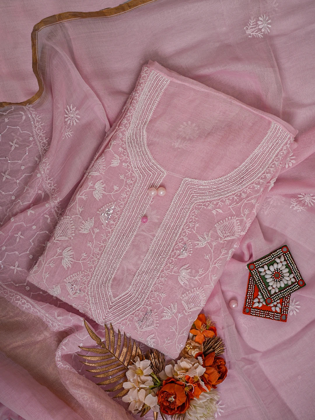 Ada Hand Embroidered Pink Chanderi Lucknowi Chikankari Semi-Stitched Kurta Dupatta Set With Pearl Work 01A744547