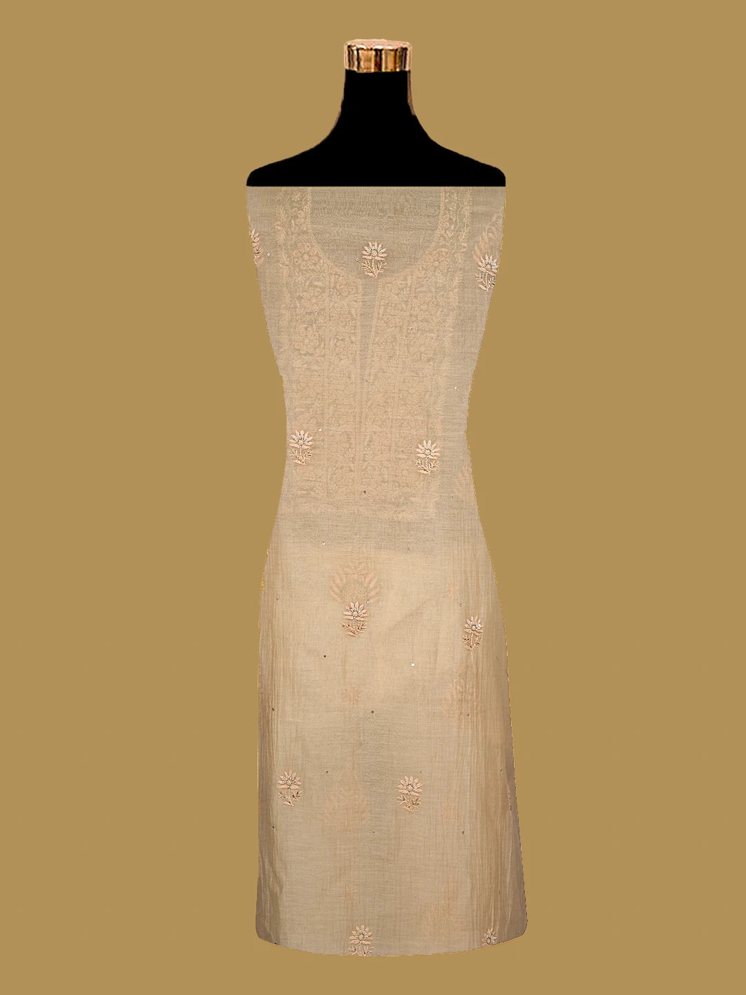 Ada Hand Embroidered Light Peach Chanderi Lucknowi Chikankari Unstitched Kurta Dupatta Set With Cutdana Work 01A701923