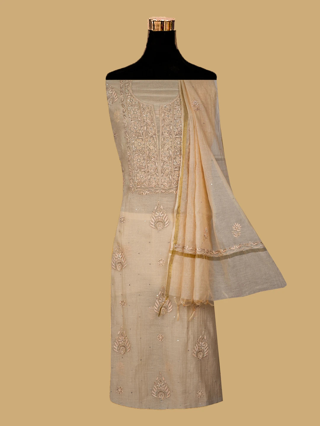 Ada Hand Embroidered Light Peach Chanderi Lucknowi Chikankari Unstitched Kurta Dupatta Set With Cutdana Work 01A701923