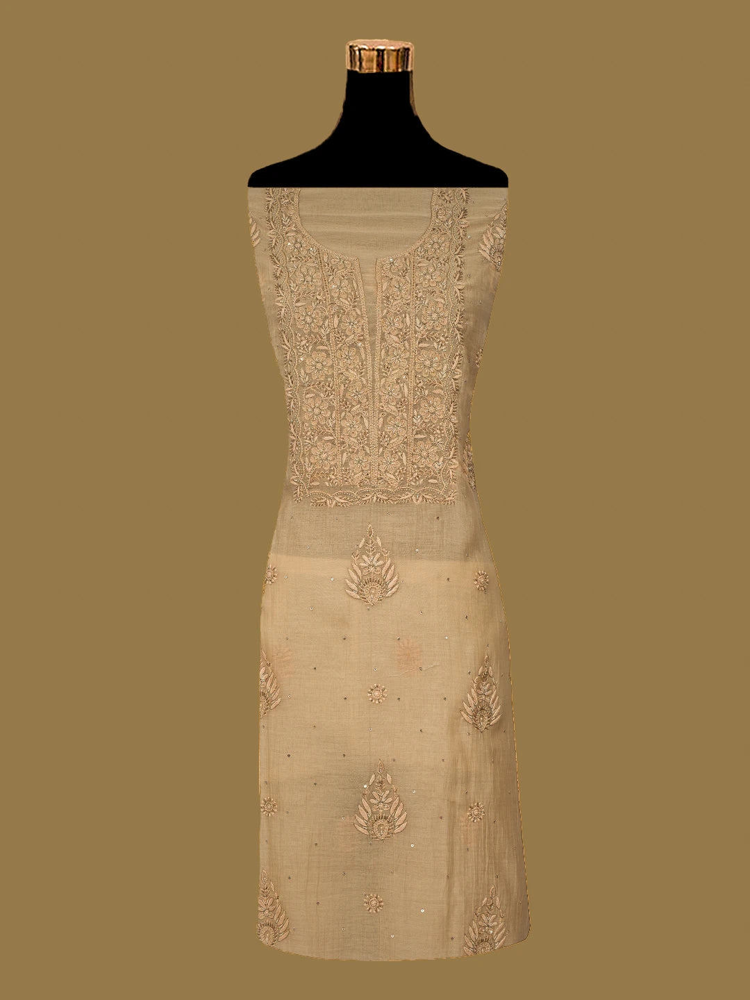 Ada Hand Embroidered Light Peach Chanderi Lucknowi Chikankari Unstitched Kurta Dupatta Set With Cutdana Work 01A701923