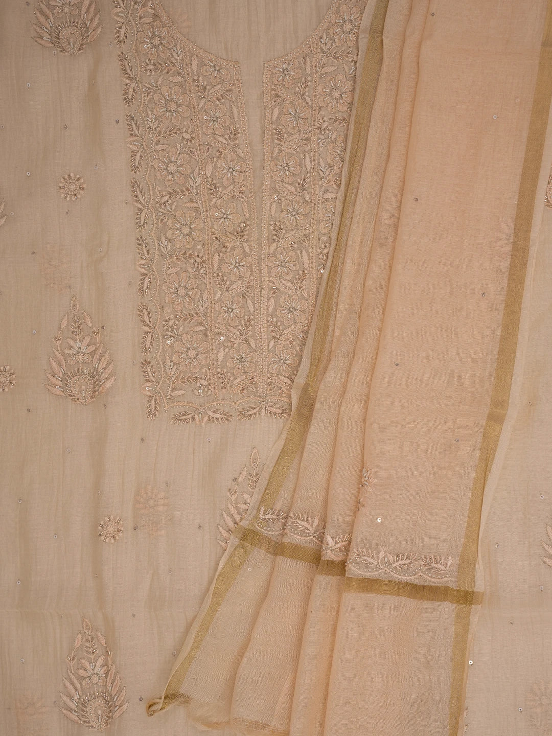 Ada Hand Embroidered Light Peach Chanderi Lucknowi Chikankari Unstitched Kurta Dupatta Set With Cutdana Work 01A701923