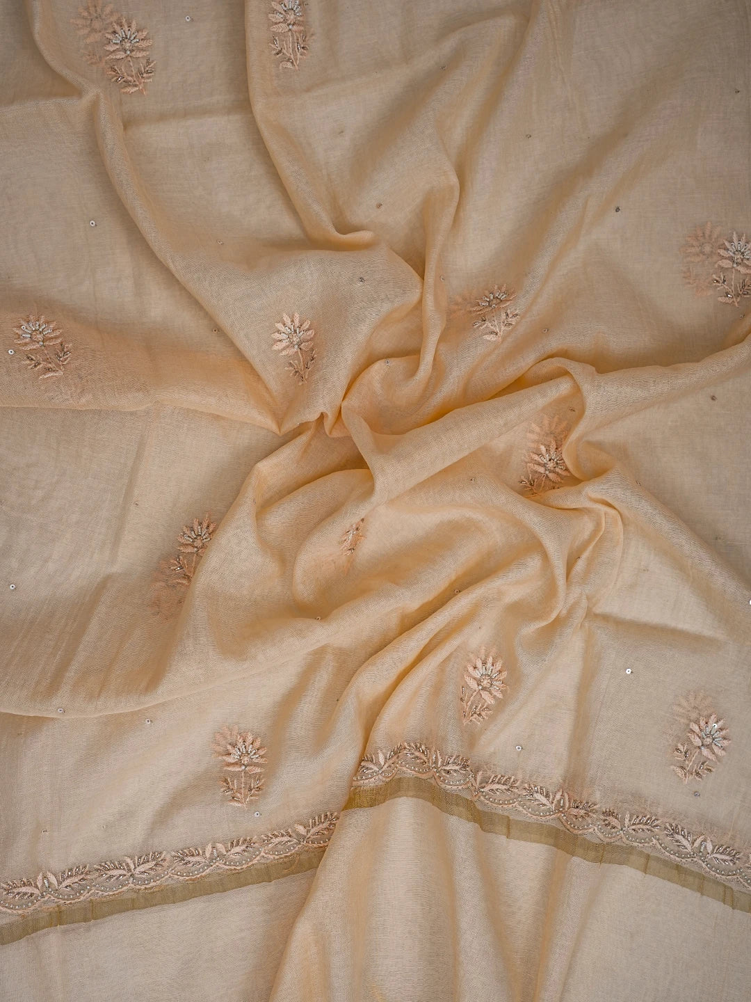 Ada Hand Embroidered Light Peach Chanderi Lucknowi Chikankari Unstitched Kurta Dupatta Set With Cutdana Work 01A701923